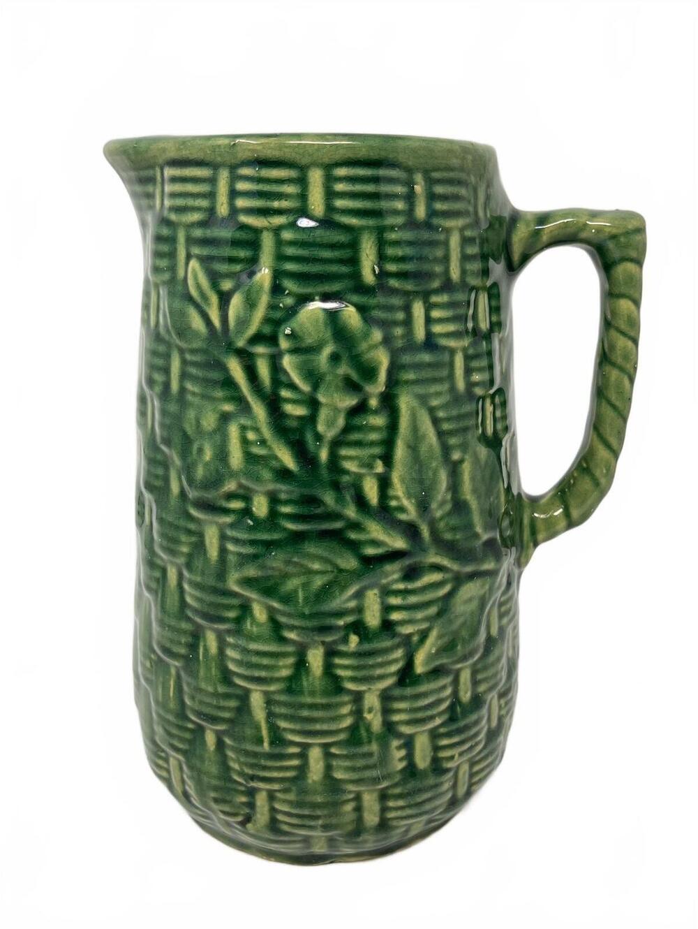 Vintage Brush McCoy Green Pottery Pitcher Basketweave Relief Flower Floral